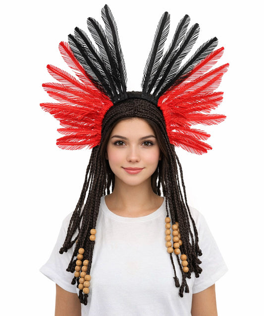 HPO Women’s Fantasy Braided Dark Brown Wig with Accessories | Long Synthetic Hairstyle with Decorative Ties | Wig for Cosplay, Halloween, Stage & Themed Events