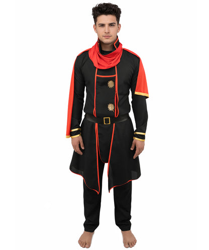 HPO Men's Anime Fantasy Adventurer Costume | Red & Black satin construction featuring a main dress, pant, and belt | Ideal for party, Halloween, cosplay, theater, drag, performance, costume events