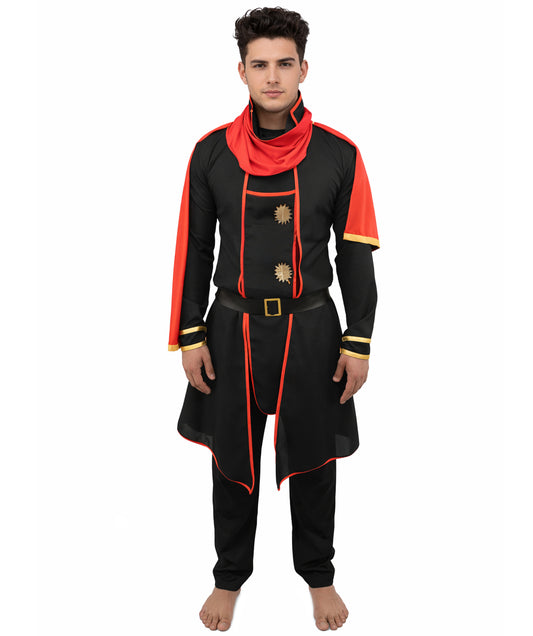 HPO Men's Anime Fantasy Adventurer Costume | Red & Black satin construction featuring a main dress, pant, and belt | Ideal for party, Halloween, cosplay, theater, drag, performance, costume events