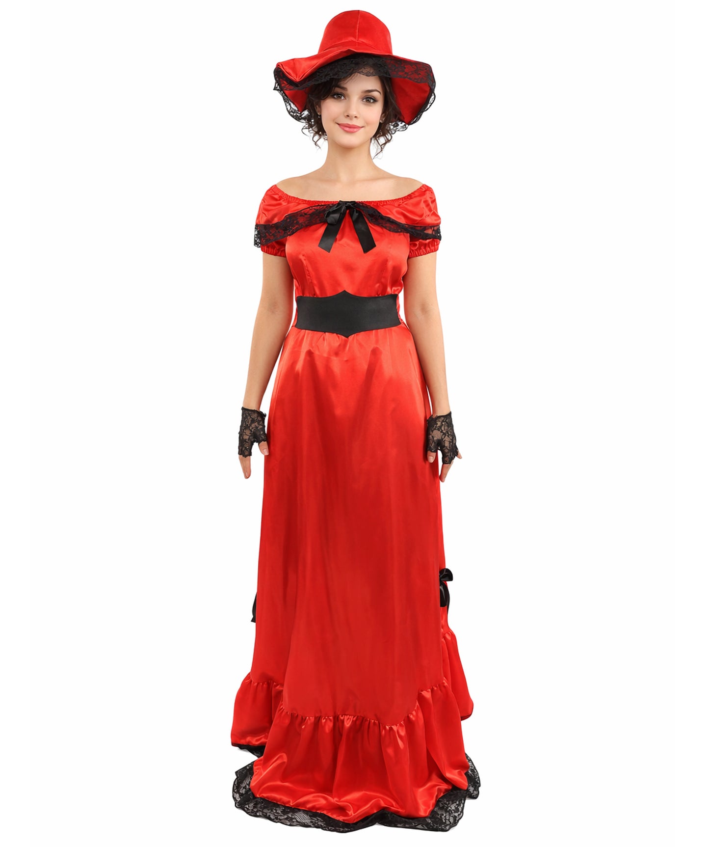 HPO Women’s Red Southern Belle Costume – Floor Length Ruffled Gown Dress | Vintage Theme Party, Halloween & Cosplay Outfit