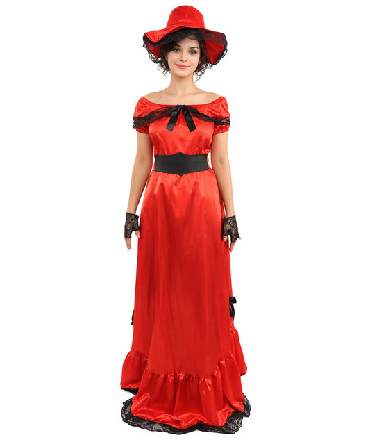 HPO Women’s Red Southern Belle Costume – Floor Length Ruffled Gown Dress | Vintage Theme Party, Halloween & Cosplay Outfit