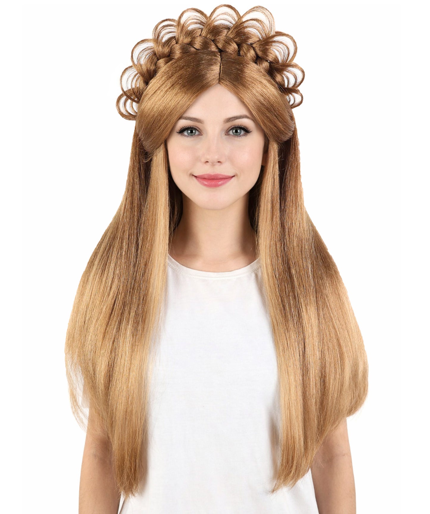 HPO Women’s Extra Long Brown Wig with Loop Crown Headpiece | 27 Inch Straight Synthetic Hair with Decorative Loops for Halloween and Cosplay | Capless Cap Design