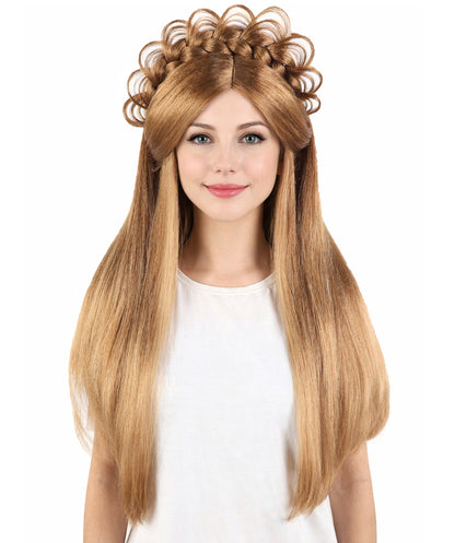 HPO Women’s Extra Long Brown Wig with Loop Crown Headpiece | 27 Inch Straight Synthetic Hair with Decorative Loops for Halloween and Cosplay | Capless Cap Design