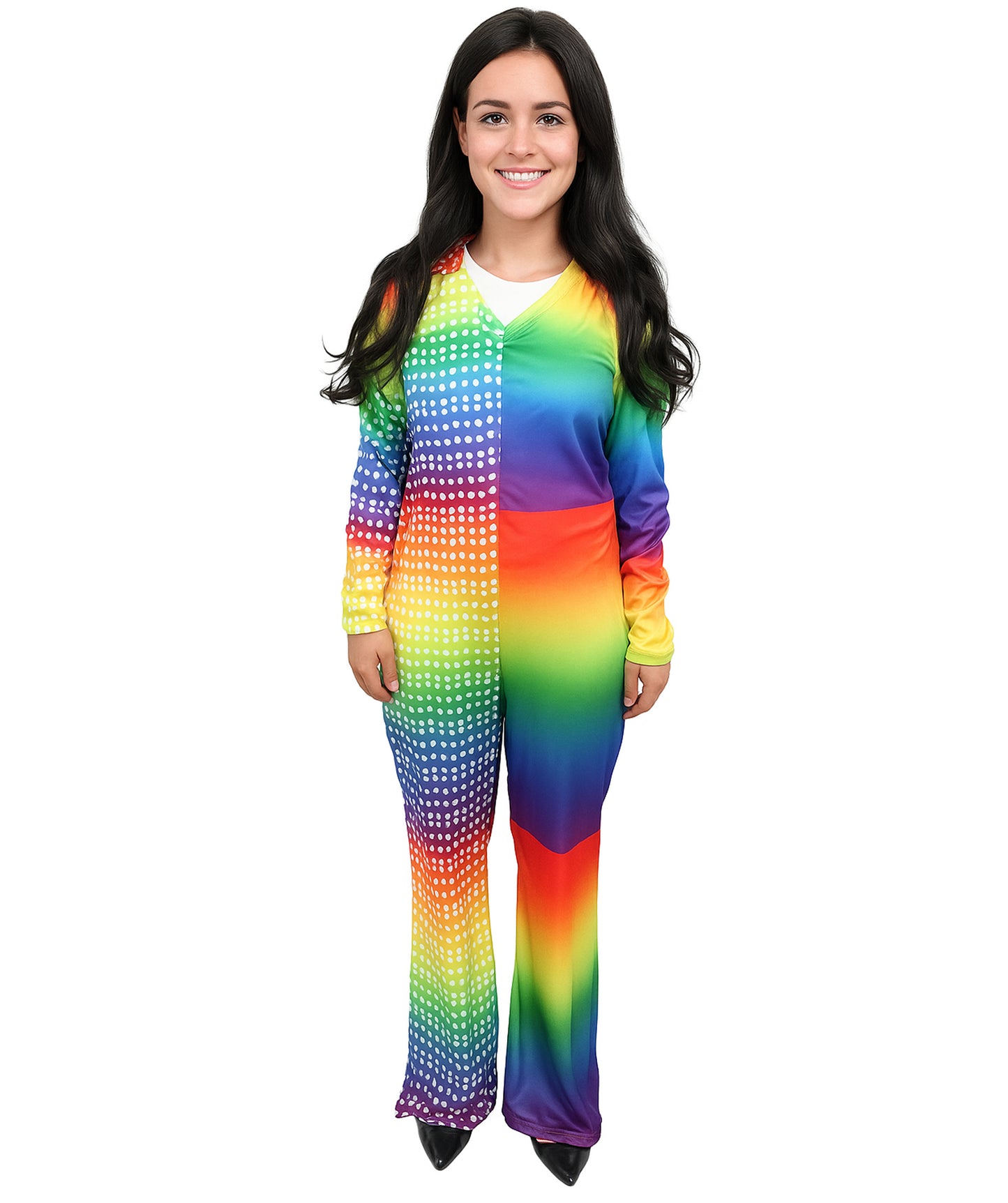HPO Women’s Vivid Rainbow Disco Bodysuit – Multicolor Stretch Jumpsuit for Retro 70s, Funk, Festival & Dance Party Costumes | Long Sleeve Full Body Outfit with Flared Legs