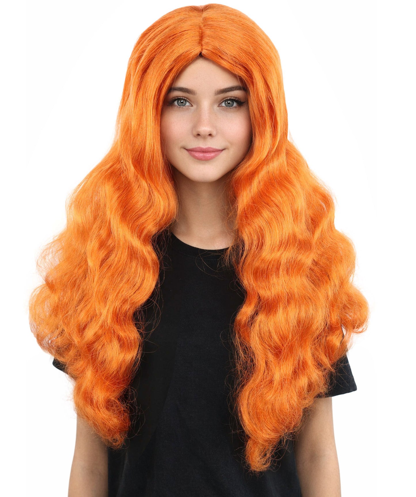 HPO Women's Long Orange Wavy Wig | Center Parted Ginger Curls with Voluminous Ends, Heat Resistant Synthetic Fiber & Breathable Cap | Halloween, Teen Roleplay, Theater, Themed Party & Costume Events