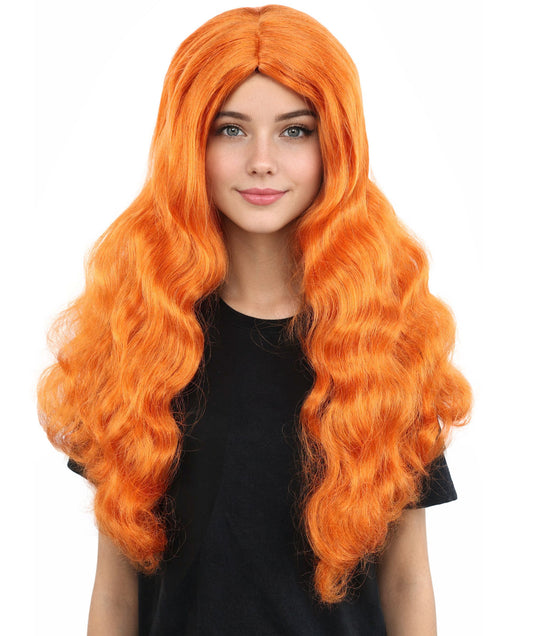 HPO Women's Long Orange Wavy Wig | Center Parted Ginger Curls with Voluminous Ends, Heat Resistant Synthetic Fiber & Breathable Cap | Halloween, Teen Roleplay, Theater, Themed Party & Costume Events