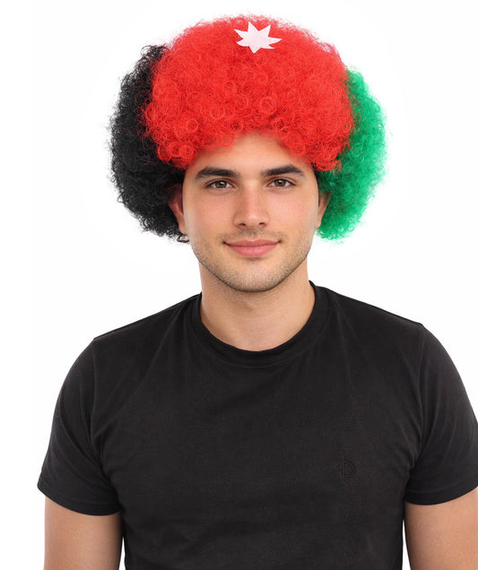 HPO Unisex Jordan Flag Clown Wig – Curly Red, Black, and Green Sport Hairpiece | Ideal for  National Celebrations & Parties