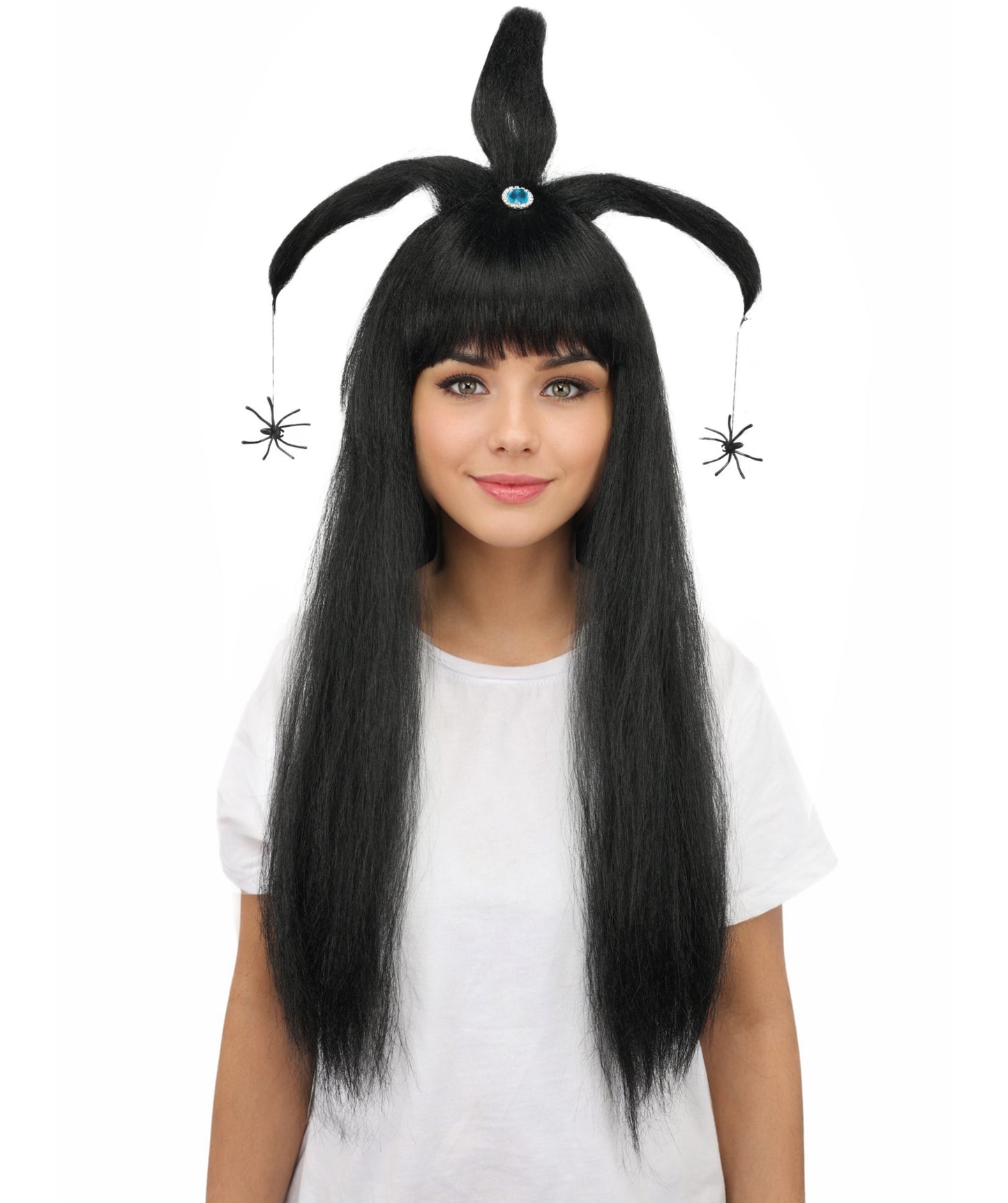 HPO Women's Spider Gothic Sculpted Wig | Monochromatic midnight black, create of synthetic fiber, architectural spider-leg loops with blunt bangs, breathable base | Party, Halloween, theater, drag, performance, costume events