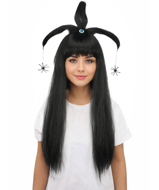 HPO Women's Spider Gothic Sculpted Wig | Monochromatic midnight black, create of synthetic fiber, architectural spider-leg loops with blunt bangs, breathable base | Party, Halloween, theater, drag, performance, costume events