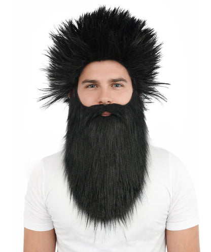 HPO Giant Wildman Wig Beard & Mustache Set | Black Frizzy Voluminous Hair Medium Facial Hair | Party Halloween Cosplay Theater Drag Performance Costume Events