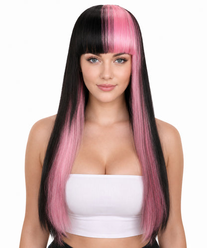 HPO Women’s Long Straight Black and Pink Two-Tone Wig | Halloween and Cosplay Wig | Flame-retardant Synthetic Fiber
