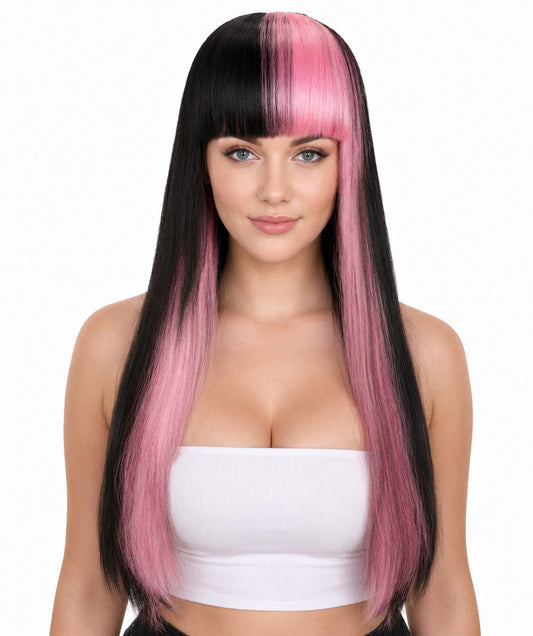 HPO Women’s Long Straight Black and Pink Two-Tone Wig | Halloween and Cosplay Wig | Flame-retardant Synthetic Fiber