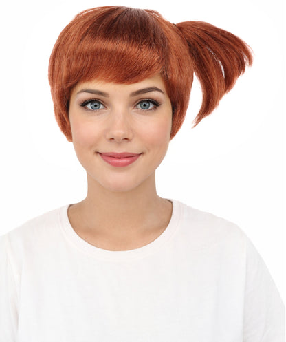 HPO Women's Anime Trainer Character Wig | Vibrant orange-red hue, create of synthetic fiber, short choppy bob with high side ponytail, breathable base | Cosplay, Halloween, theater, party, performance, costume events