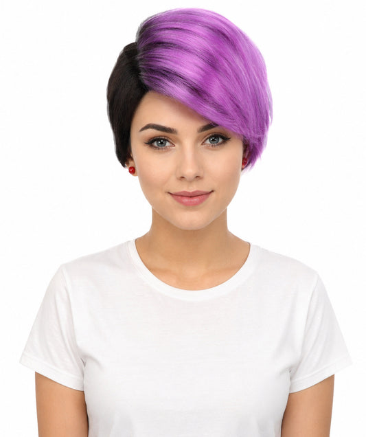 HPO Women’s Short Straight Bob Black & Purple Wig | Sleek Chin Length Hair for Halloween & Cosplay | Bold Color Style Fantasy Looks for Party Events