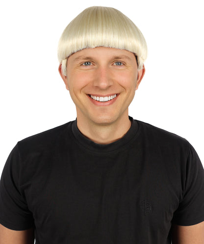 HPO Men's 9" Inch Short Length Halloween Classic Moe Retro Bowl Cut Costume Wig, Multiple Color Synthetic Soft Fiber Hair, Perfect for your next Festival