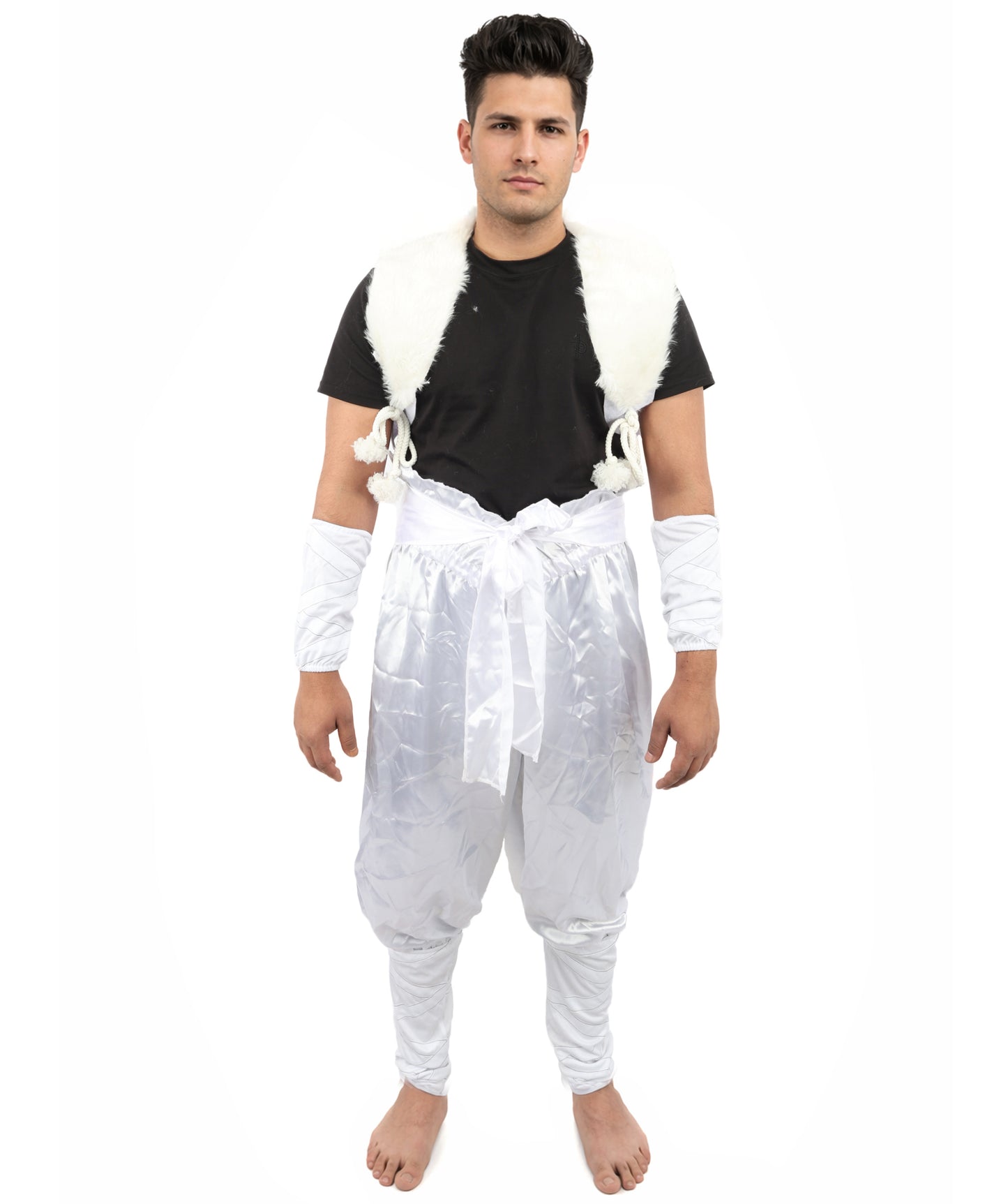 HPO Men's Anime Fighter Roleplay Suit | Crisp white satin construction featuring pants, dress, belt, and hand socks | Ideal for party, Halloween, cosplay, theater, drag, performance, costume events