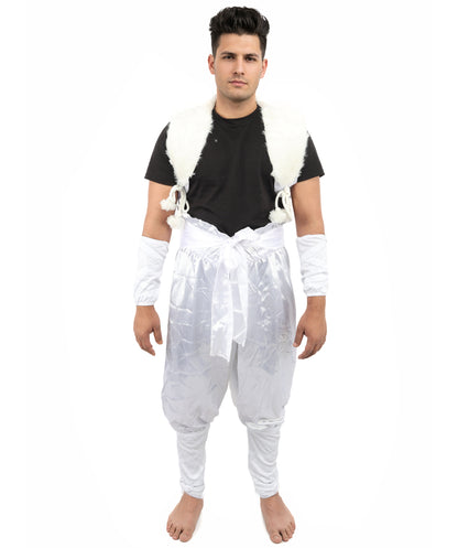 HPO Men's Anime Fighter Roleplay Suit | Crisp white satin construction featuring pants, dress, belt, and hand socks | Ideal for party, Halloween, cosplay, theater, drag, performance, costume events