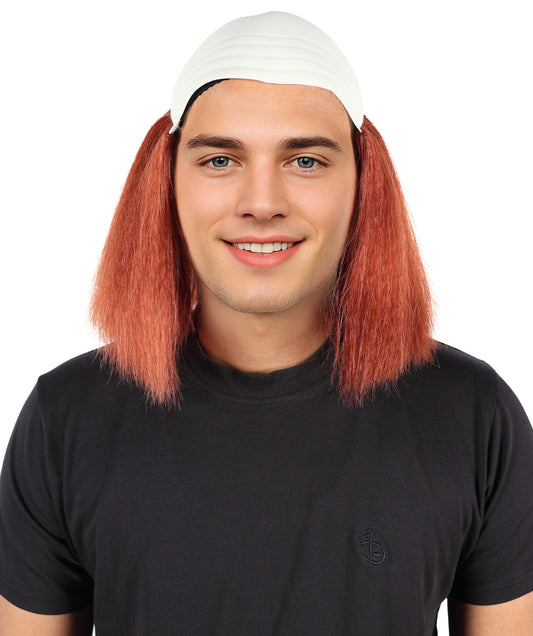 HPO Men's Bald Deluxe Silly Boy Auburn Wig | Comical Bald Cap with Hair Tufts | Hairpiece for Halloween Cosplay Parties Stage & Roleplay