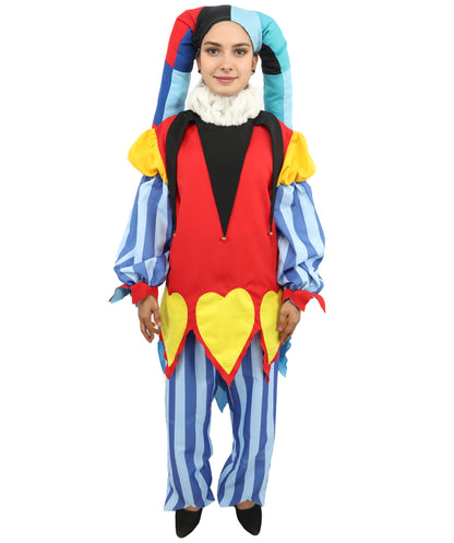 HPO Women's Harlequin Jester Costume | Multi-Pattern Ronior and Uniform Fabric Construction with Horned Cap and Drawcord | Ideal for Halloween, Drag, Theater, and Themed Performance Events