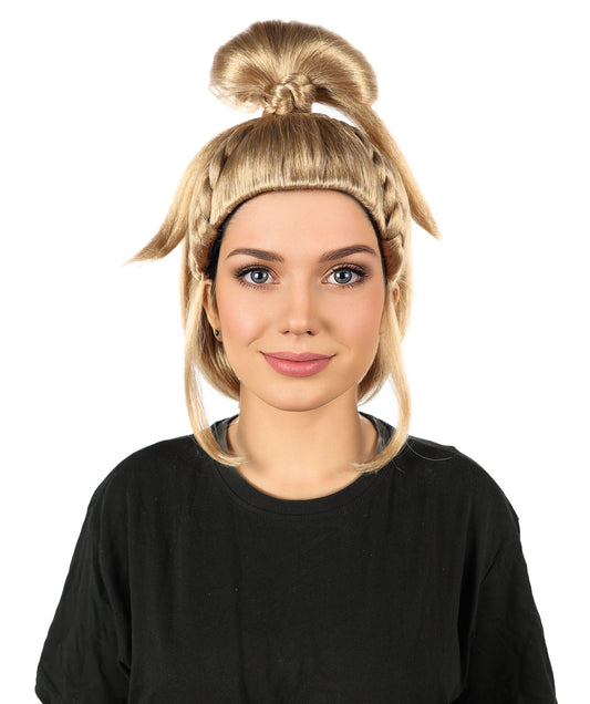 HPO Women's Blonde Color Lace Front High Bun Wig with Side Braids | Adjustable Inner Cap for Halloween, Stage & Roleplay