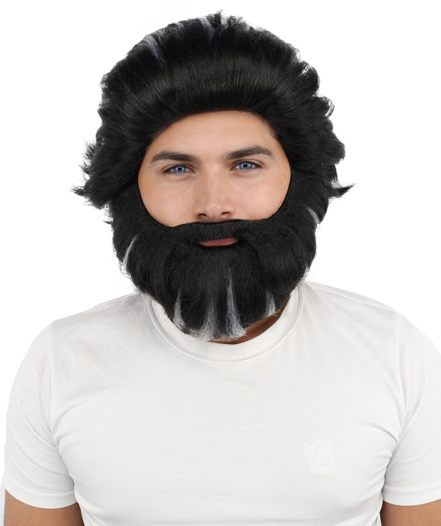 HPO Men’s Medium Length Black & White Wig and Beard Set – 11 Inch Synthetic Hairpiece with Capless Cap Design | Ideal for Halloween , Stage & Costume Use