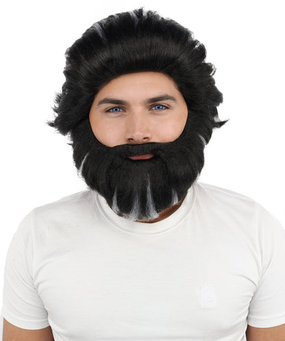 HPO Men’s Medium Length Black & White Wig and Beard Set – 11 Inch Synthetic Hairpiece with Capless Cap Design | Ideal for Halloween , Stage & Costume Use
