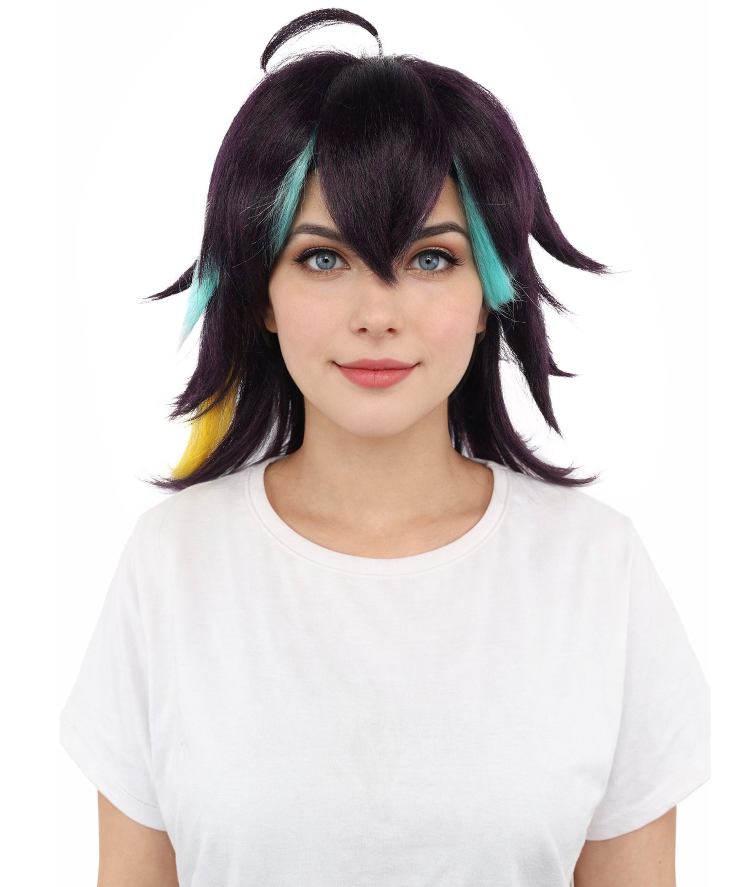 HPO Women's Medium Spiky Multicolor Color Wig | Dark Navy Synthetic Hair with Green Bangs and Amber Streaks | Halloween Roleplay and Video Game Character Style