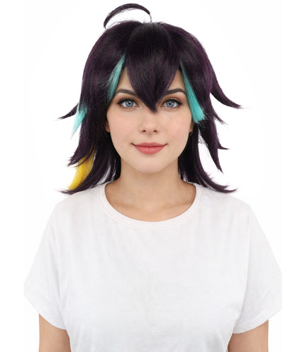 HPO Women's Medium Spiky Multicolor Color Wig | Dark Navy Synthetic Hair with Green Bangs and Amber Streaks | Halloween Roleplay and Video Game Character Style