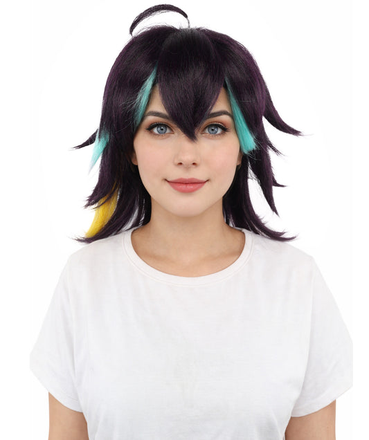HPO Women's Medium Spiky Multicolor Color Wig | Dark Navy Synthetic Hair with Green Bangs and Amber Streaks | Halloween Roleplay and Video Game Character Style