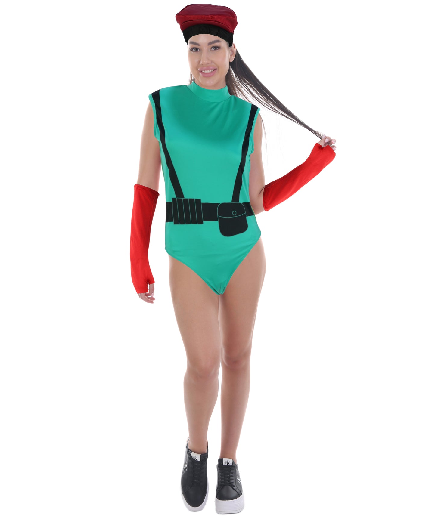 HPO Warrior Green & Red Bodysuit Costume with Helmet & Hand Gloves | Heroine Outfit with Arm Accessories | Designed for Halloween & Party