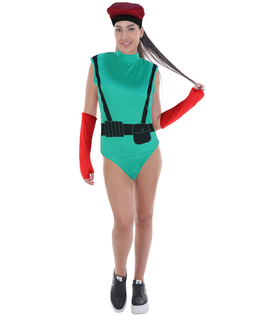 HPO Warrior Green & Red Bodysuit Costume with Helmet & Hand Gloves | Heroine Outfit with Arm Accessories | Designed for Halloween & Party