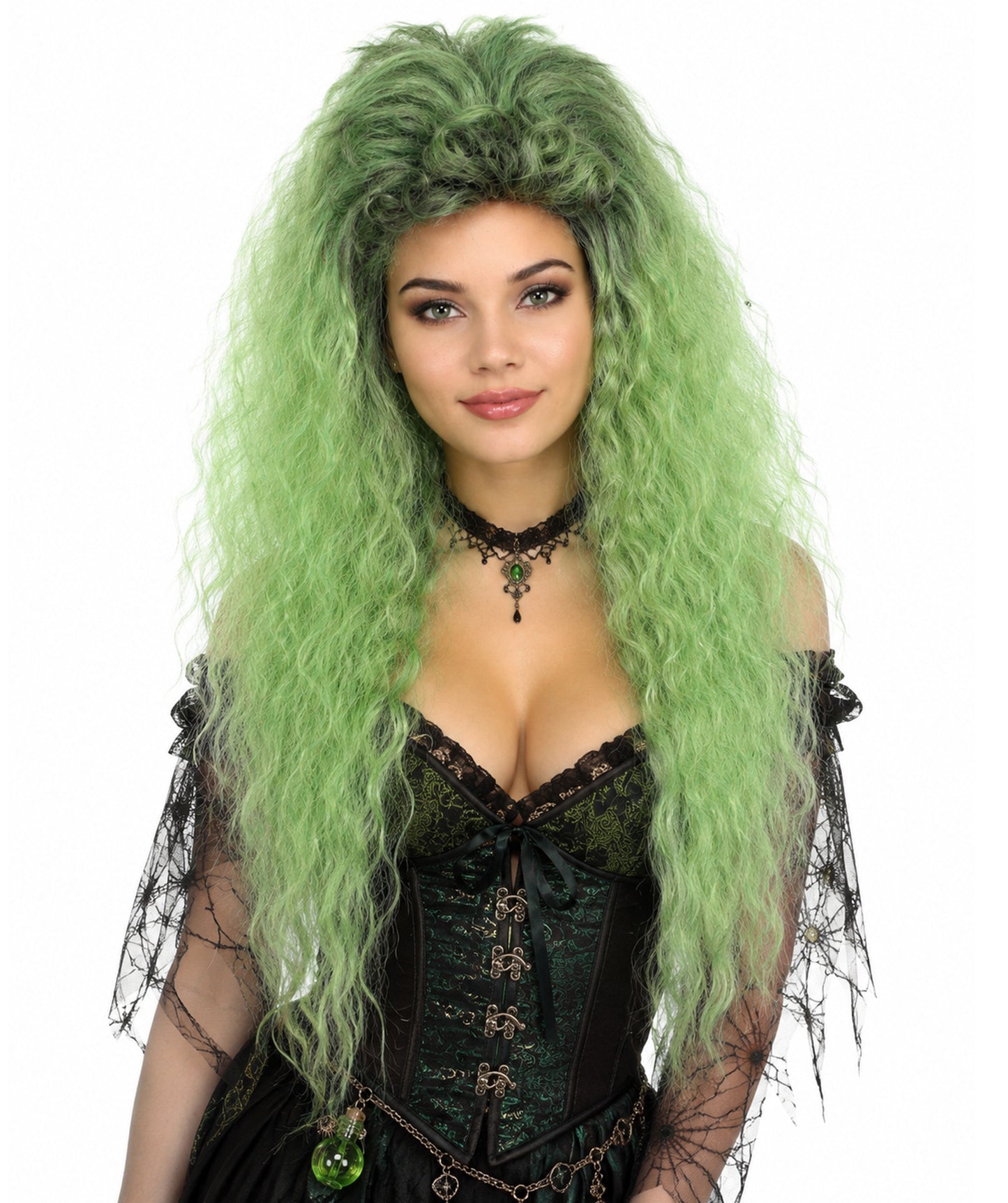 HPO Witch Wig for Women | Extra Long Curly  Hairpiece with Green & Black Blend | Adjustable Inner Cap for Halloween, Cosplay & Stage