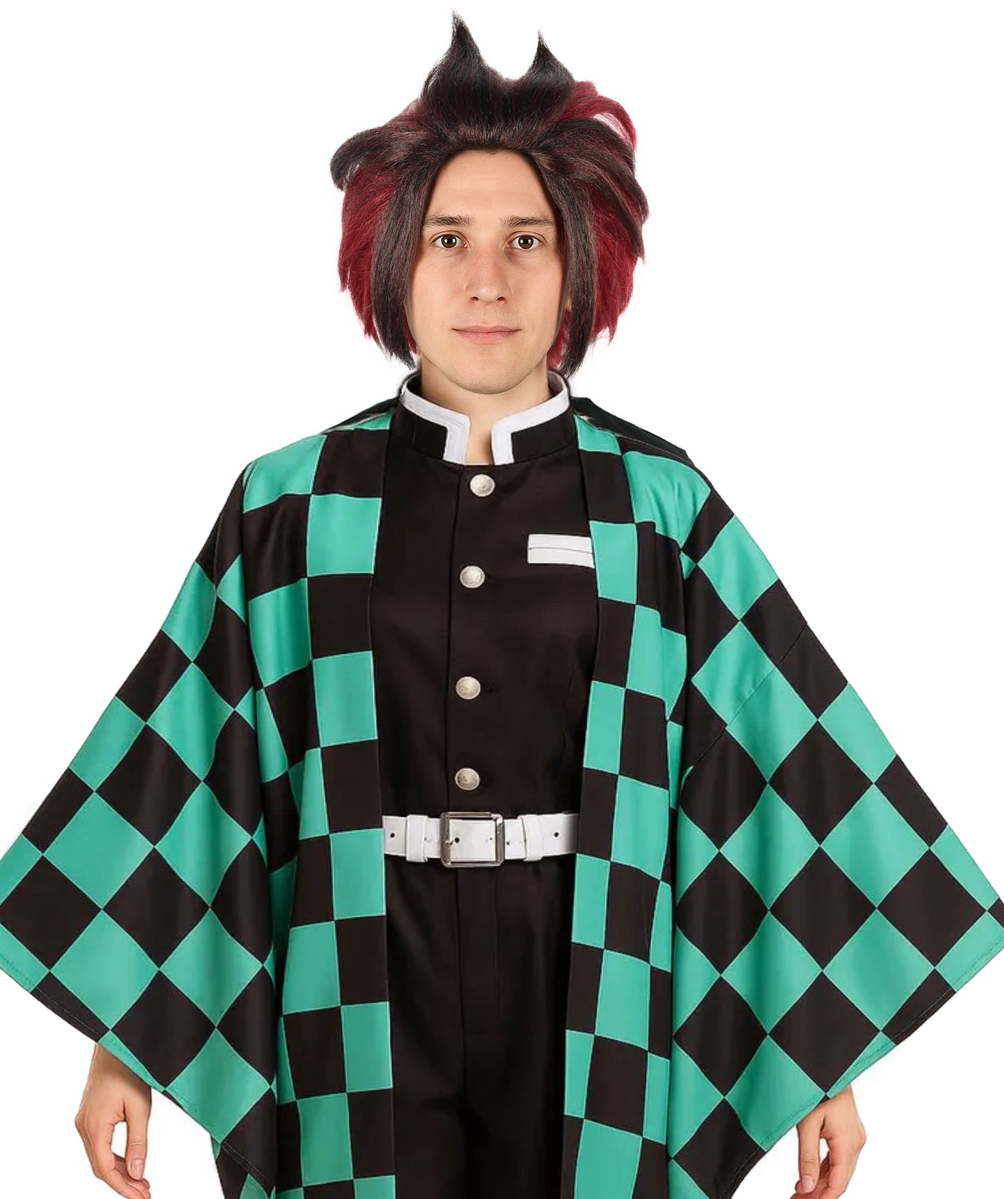 HPO Adult Men'S Short Layered Burgundy Cosplay Wig with Red Markings and Earrings | Anime-Inspired Hair with Cap and Bonus Sticker