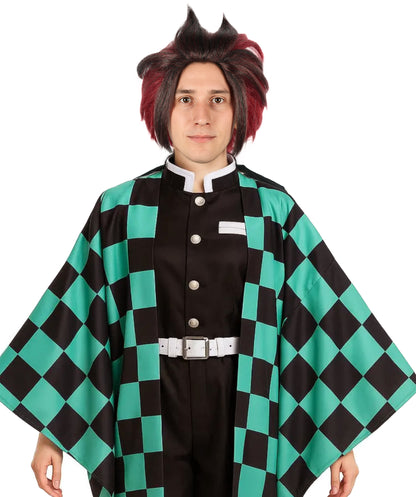 HPO Adult Men'S Short Layered Burgundy Cosplay Wig with Red Markings and Earrings | Anime-Inspired Hair with Cap and Bonus Sticker