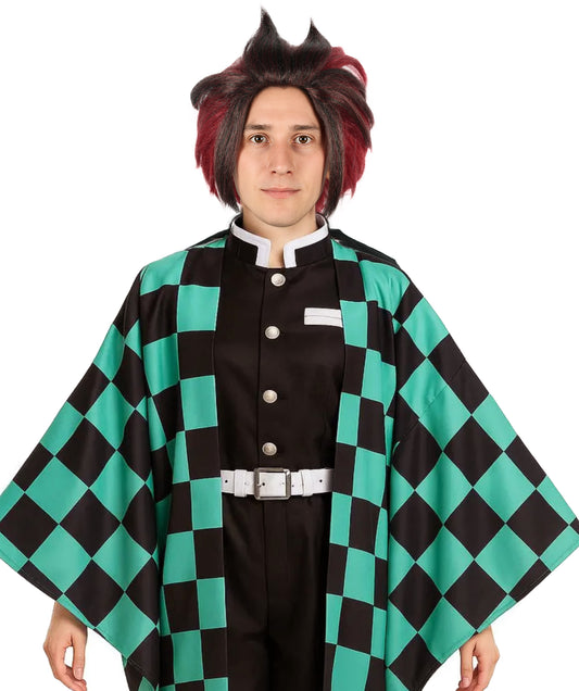 HPO Adult Men'S Short Layered Burgundy Cosplay Wig with Red Markings and Earrings | Anime-Inspired Hair with Cap and Bonus Sticker