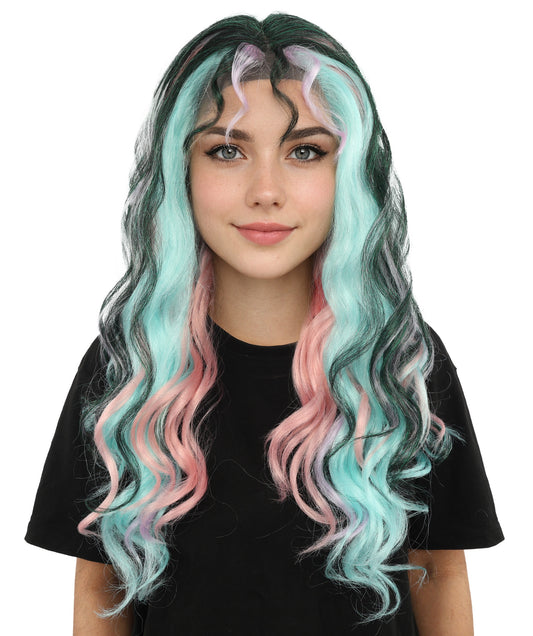 HPO Women Long Wavy Pastel Rainbow Wig – Multicolor Synthetic Wig with Dark Roots | Ideal for Cosplay, Halloween, Festivals, Stage Shows & Photo Shoots