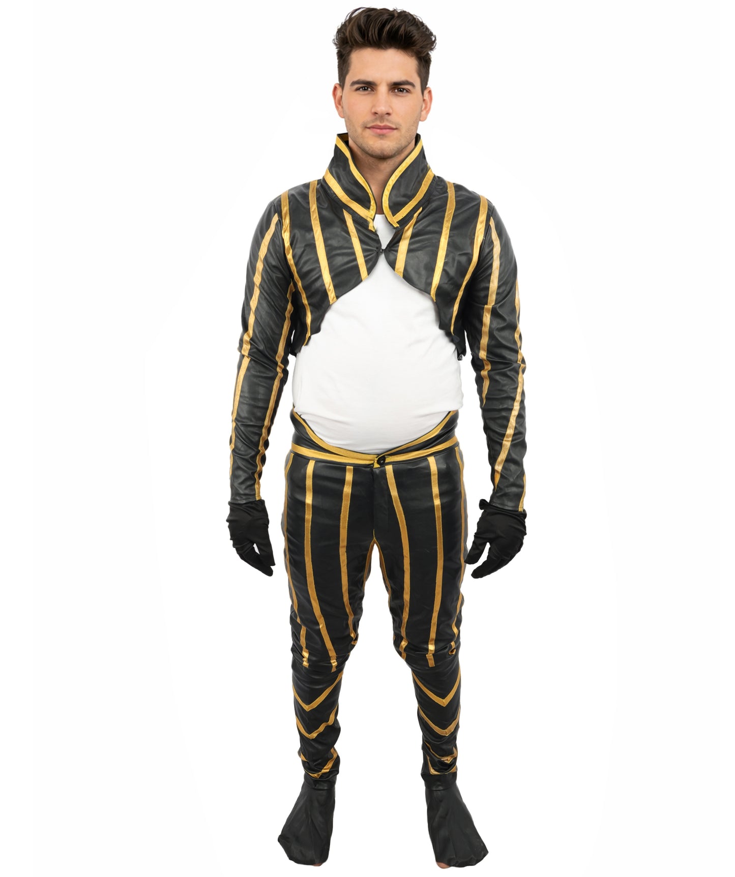HPO Men's Anime Fighter Combat Suit | Striking Black And Gold PVC Jersey Construction Featuring Pant, Dress, Hand gloves, And Leg Socks | Ideal for Party, Halloween, Cosplay, Theater, Drag, Performance, Costume Events