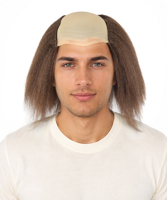 HPO Half Bald Cap Brown Wig with Gray Frizzy Side Hair – Comedic Old Age Costume Wigs - Hairpiece for Cosplay Party