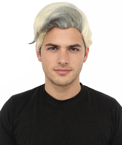 HPO Men's Sleek Updo Theatrical Wig | Icy silver tone, create of synthetic fiber, striking swept front volume, breathable base | Party, Halloween, theater, drag, performance, costume events