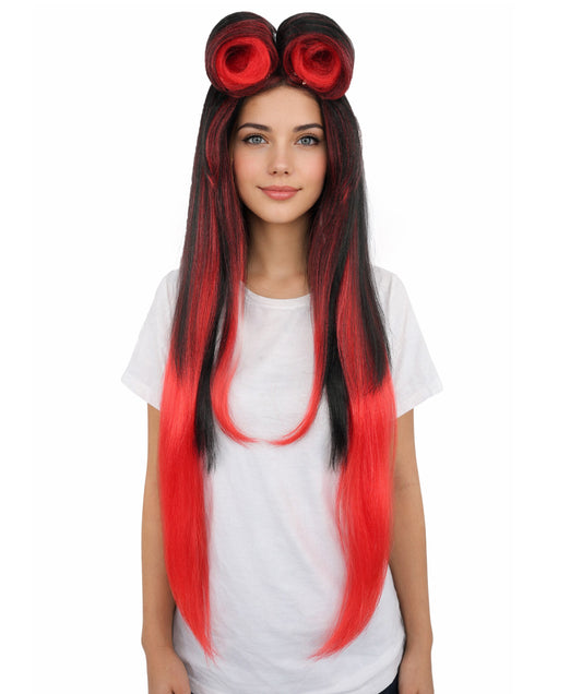 Women’s Straight Black Red Roller-Top Retro Wig | 60s Style Center Part Long Hair | Bold Fancy Dress Party Wig for Fashion, Halloween and Cosplay