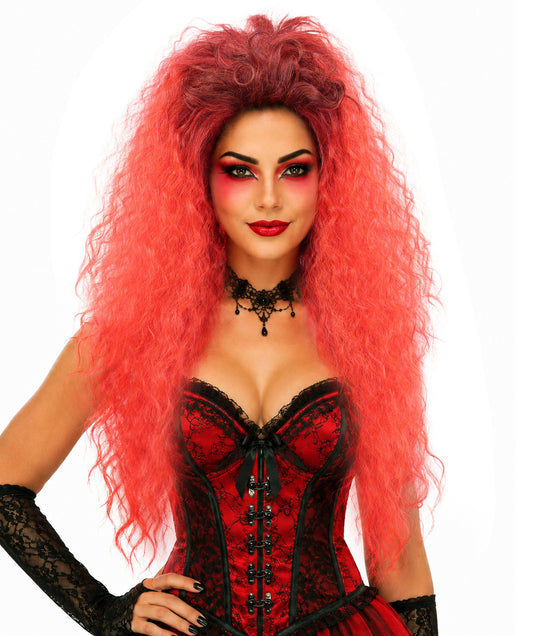 HPO Women's Devil Wig | Extra Long Red & Burgundy Curly Synthetic Hairpiece | Halloween Cosplay  Accessory for Women | Ideal for Stage Performances, Parties & Themed Events