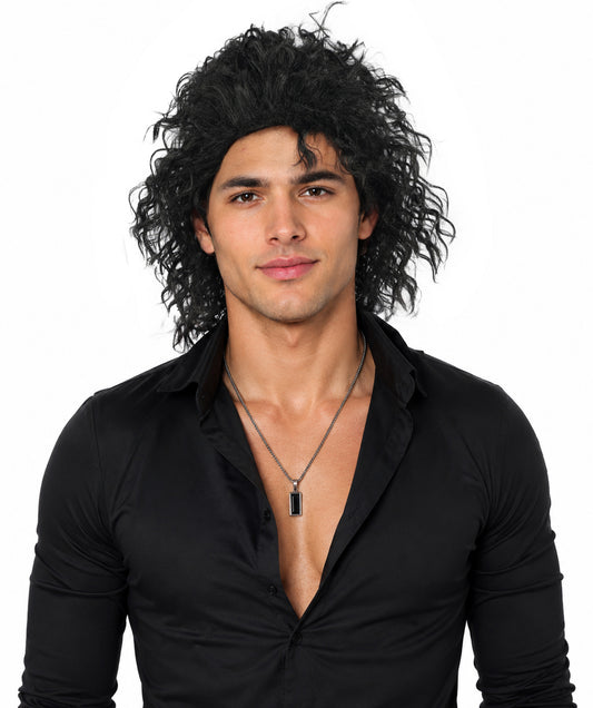 Men's Black Pop Star Curly Wig–Short Hair with Natural Texture | Designed for Cosplay,Stage Performances,Theme Parties, Photo Shoots & Retro Character Looks