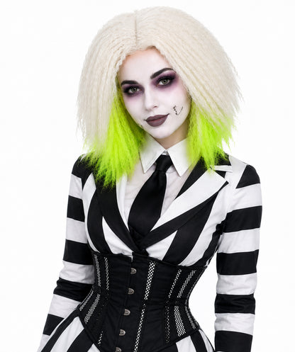 HPO Women’s Gothic Ghost-Inspired White and Neon Green Crimped Wig with Volume and Texture | Synthetic Hairpiece for Halloween, Cosplay & Themed Parties |Flame-retardant Synthetic Fiber