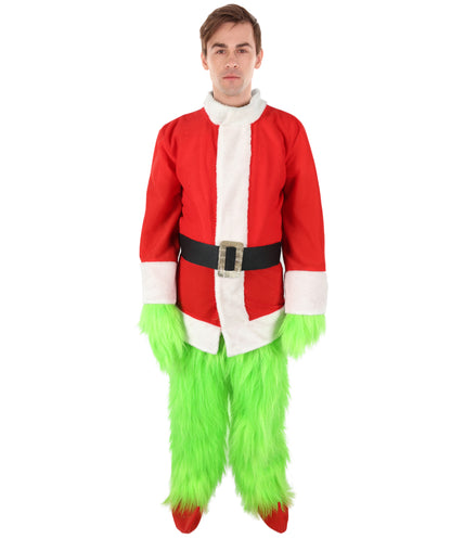 HPO Men’s Festive Furry Creature Green Thief Christmas Costume Set with all accessories | Cosplay Hat and Beard | Flame-retardant Synthetic Fiber