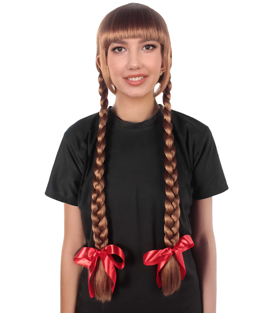 Animated Movie Horror Doll  | Brown Braided Pigtails with Red Ribbons Movie Icon Wig | Premium Halloween Wig