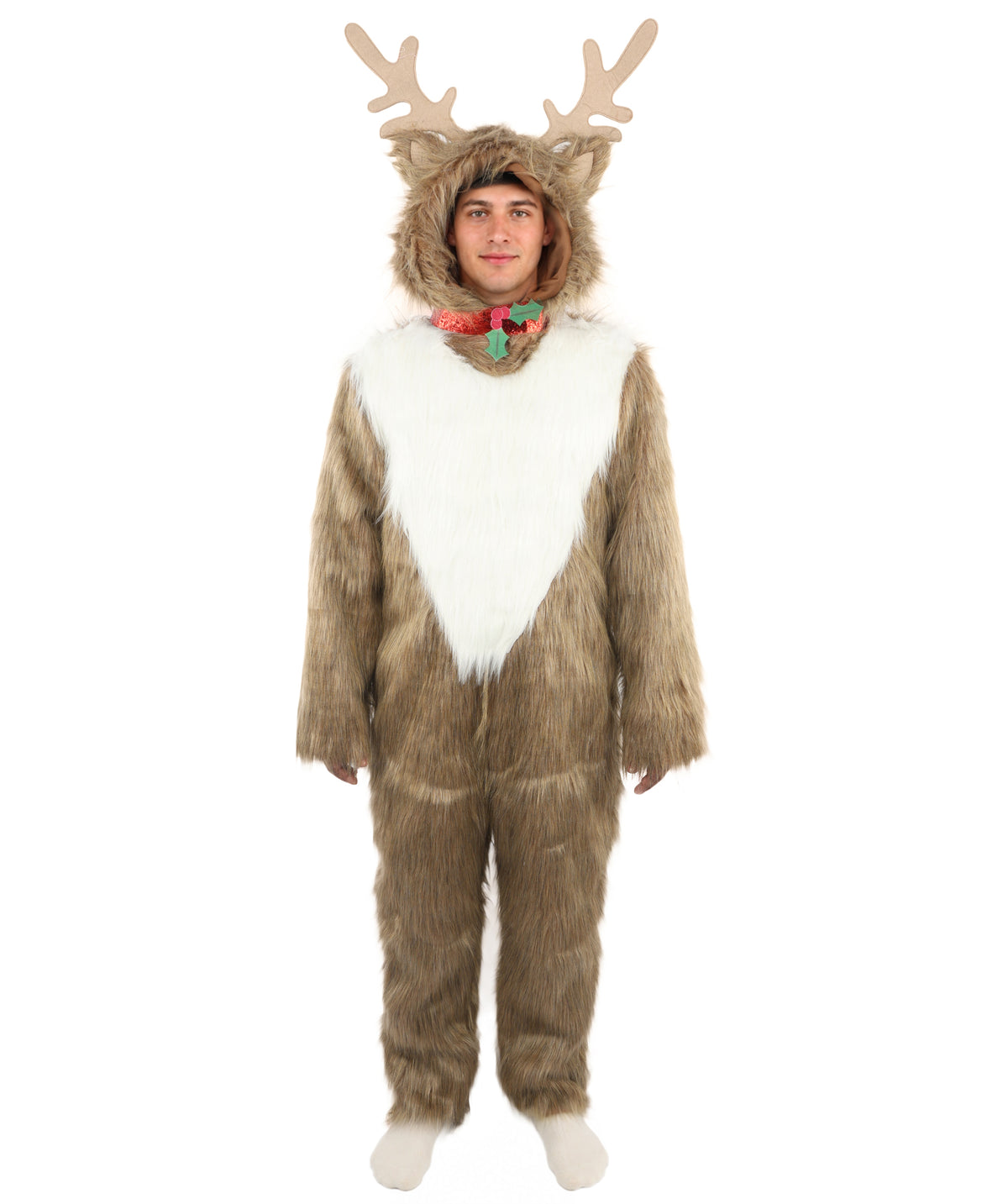 HPO Unisex Reindeer Brown & White Costume | Plush Holiday Outfit with Antlers & Hoof Gloves | Perfect for Christmas, Parties & Festive Events