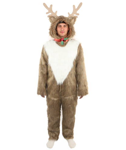 HPO Unisex Reindeer Brown & White Costume | Plush Holiday Outfit with Antlers & Hoof Gloves | Perfect for Christmas, Parties & Festive Events