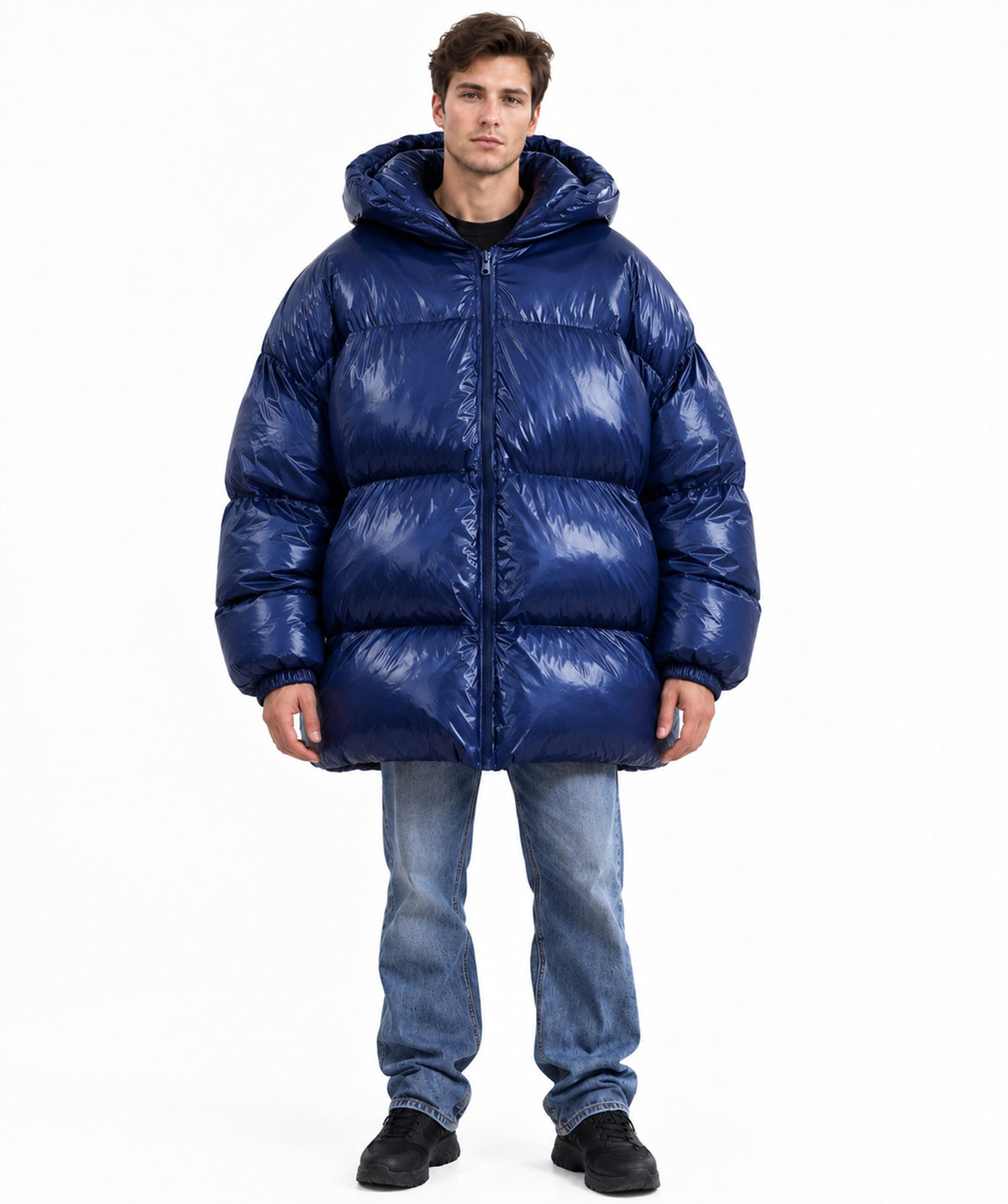 HPO Adult Oversized Puffer Jacket Costume with High Padded Collar - Dark Blue Quilted Coat with High Padded Collar Long Sleeves and Rounded Bubble Shape for Halloween Cosplay Events