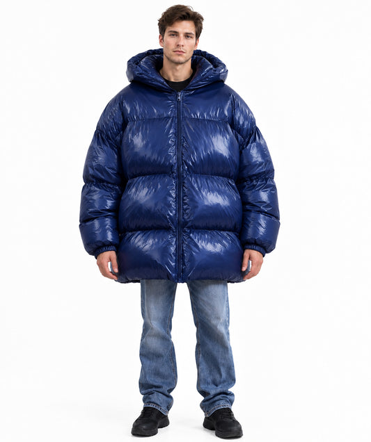 HPO Adult Oversized Puffer Jacket Costume with High Padded Collar - Dark Blue Quilted Coat with High Padded Collar Long Sleeves and Rounded Bubble Shape for Halloween Cosplay Events