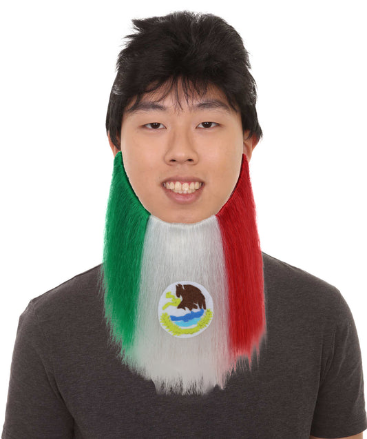 HPO Mexico Flag Beard – Long Tricolor Fantasy Beard with Adjustable Elastic Strap | Patriotic Character Hairpiece for Cosplay, Parties, Stage & Roleplay